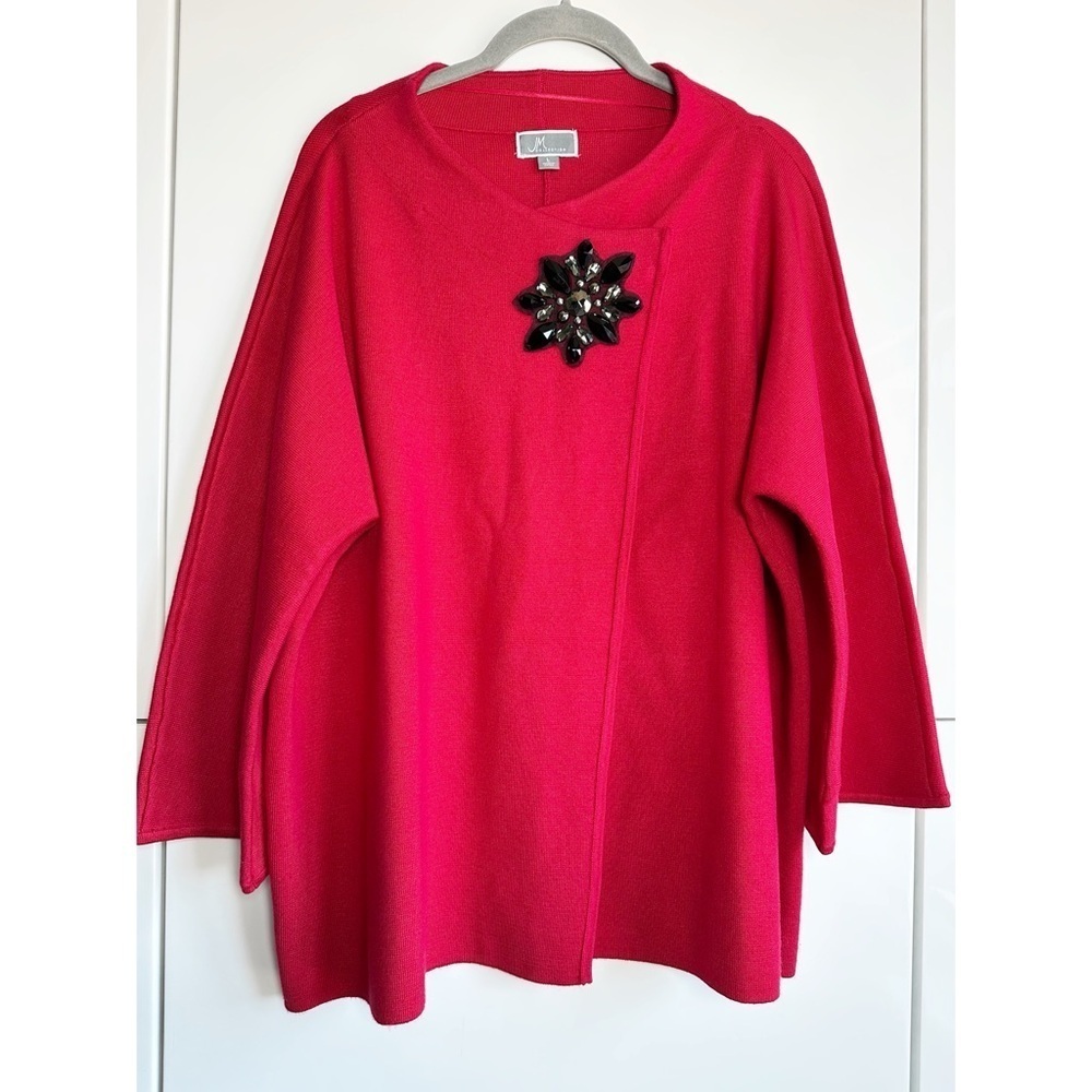 JM Collection Red Sweater Cardigan One Snap Brooch Detail Womens Size Large